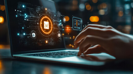 Businessman Using Laptop for ISO Standards, Quality Assurance and Warranty Management in Technology-Focused Setting