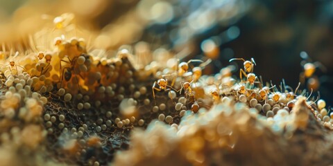 Macro shot of an ant nest with a plethora of eggs and larvae showcasing a shallow depth of field Newly hatched ants and eggs in the anthill