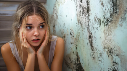 Fototapeta premium Shocked Woman Discovering Mold on Wall in Home Interior - Indoor Environmental Hazard and Home Maintenance Issue Depiction