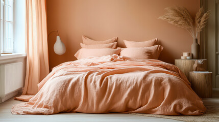 Cozy Modern Bedroom with Soft Peach Fuzz Bedding, Trendy Home Decor, Warm Tone, Scandinavian Minimalist Design, Relaxing Atmosphere, Comfortable Sleep Space, Elegant Styled Bed