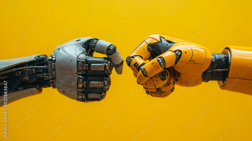 Poster human hand and robot hand making fist bump symbolizing human-robot collaboration, ai and technology 