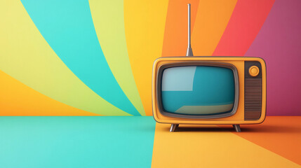 Vintage analog tv on a retro colorful background
