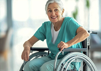 Elderly woman in a wheelchair smiling, wearing medical scrubs.