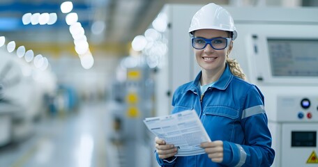 A female engineer in a hard hat and safety glasses reading papers in an industrial plant 