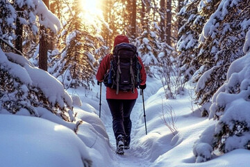 Hiker trekking through snow-covered forest at sunrise.