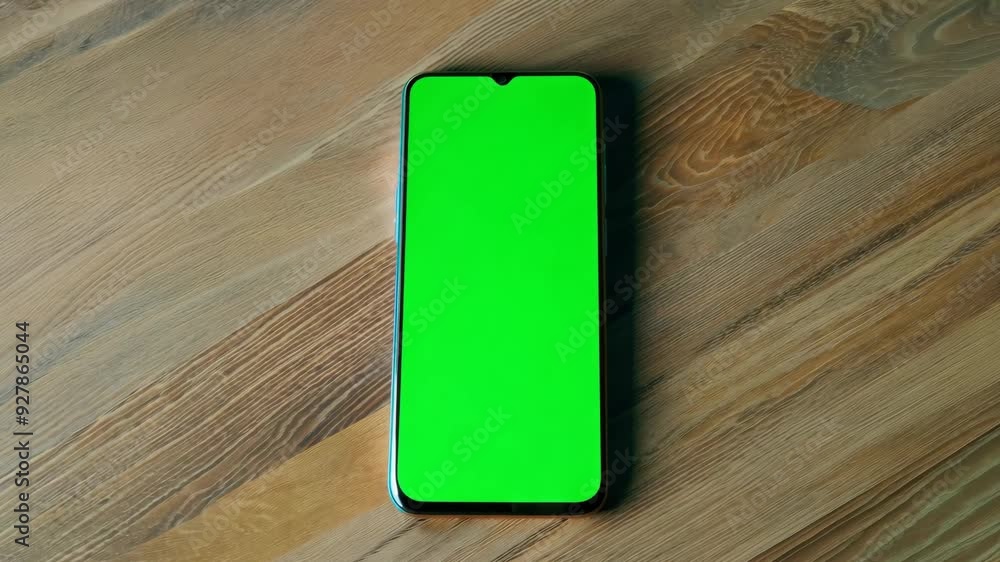 Poster mobile phone with empty green screen on office table. smartphone screen mockup ready for chroma key.