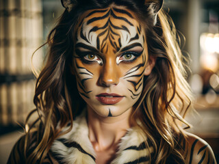 Pretty Woman With wild tiger make up, Masquerade, Carnival, Holiday, Halloween, Animal Day, animal rights concept, Image, make-up, costume