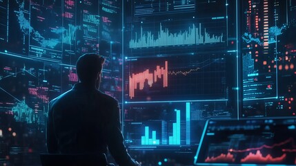 A silhouette of a person looking at multiple screens with data and graphs.