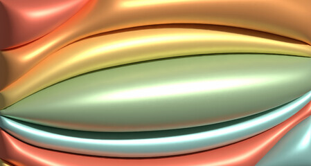 Yellow and orange wavy shapes with glossy surface, 3D rendering illustration