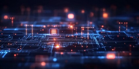 Obraz premium Futuristic Digital Data Flow with Glowing Elements and Circuit Board Details, Highlighting Network Security and Web Connection Concepts
