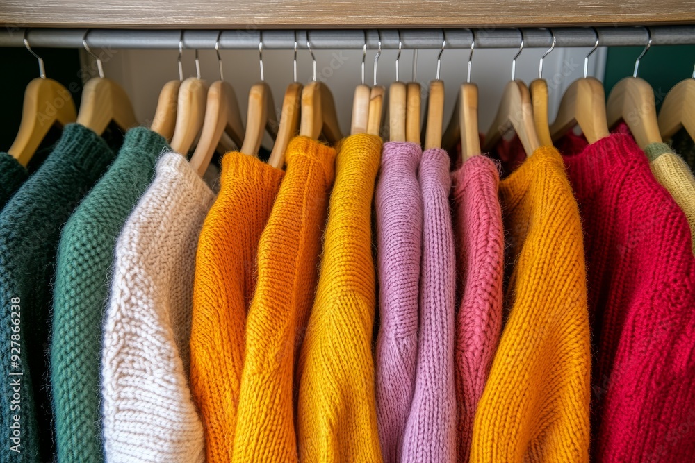 Poster close up of neatly organized suits in a range of soft pastels perfect for spring and summer occasion