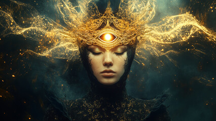 An ethereal being third eye opening emerges from the night