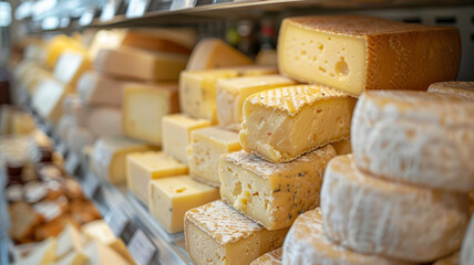 A variety of cheeses on display in a cheese shop.