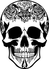 simple black graphic drawing of a human skull, logo, tattoo