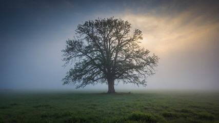 A solitary tree in a foggy field stands tall amidst mist, evoking a serene and tranquil atmosphere.