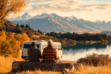 Elderly man and his son enjoying a serene autumn landscape by the lake with mountains and a camper van in the background