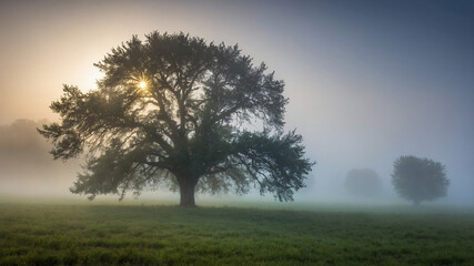 Obraz premium A solitary tree in a foggy field stands tall amidst mist, evoking a serene and tranquil atmosphere.