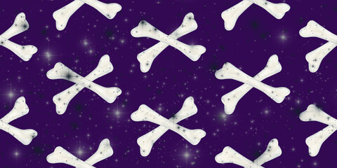 Watercolor Halloween seamless pattern, bones, rest in peace. Starry holiday sky. Holiday background for wrapping paper, fabric, textile, scrapbook.