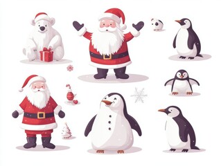 Obraz premium A set of Santa Claus with animals, surrounded by friendly creatures like polar bears and penguins, flat , isolated on white background