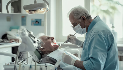 Fototapeta premium A man is getting his teeth cleaned by a woman dentist. The man is wearing glasses and has a beard. The woman is wearing a white coat and gloves. The scene is set in a dental office