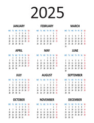 Calendar 2025 year. Week starts on Monday. Vector illustration