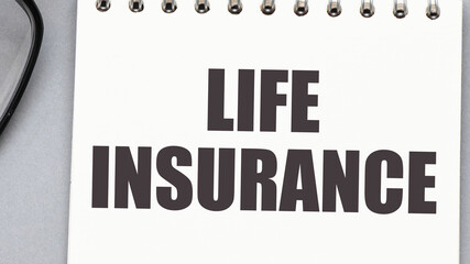 LIFE INSURANCE words in an office notebook.