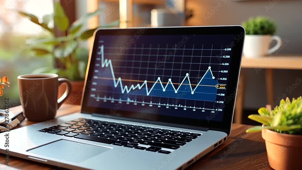Poster close-up of a financial planner’s laptop screen with a line graph showing the journey of consistent 