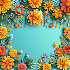Hispanic Cultural Flowers and garland on a vibrant background.