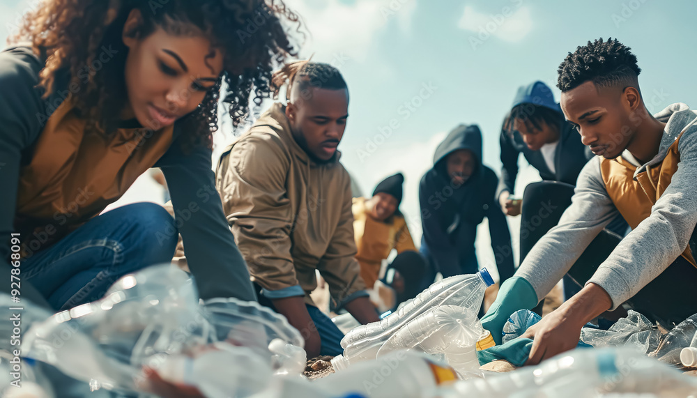 Poster a group of people are picking up trash in a field. scene is one of community service and environment
