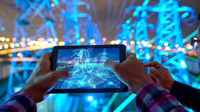 Experience the meticulous approach of engineers examining digital tablets featuring energy distribution maps and efficiency analytics