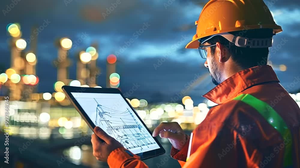 Poster see the expertise of engineers as they strategize over digital tablets featuring energy distribution