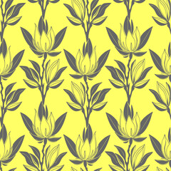 seamless gray graphic floral pattern on yellow background, texture