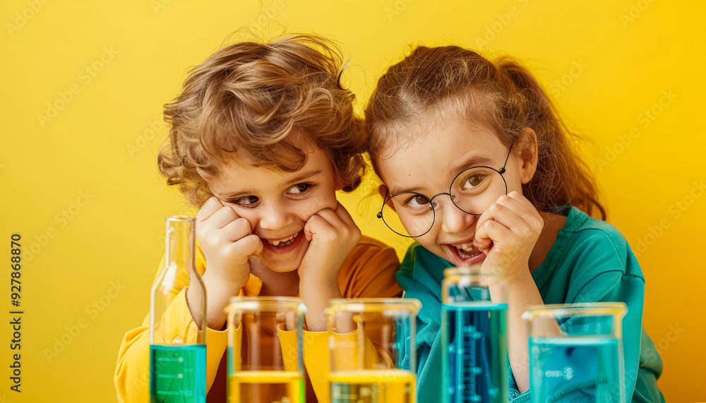 Poster two children are sitting at a table with various colored liquids in beakers. they are smiling and se