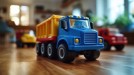 Colorful Plastic Toy Dump Truck Placed on Wooden Floor Inside a Bright Room, Children's Play Vehicle, Vibrant Colors, Indoor Toy, Playtime Fun
