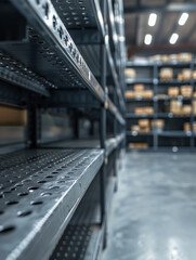Empty metal shelving in a warehouse interior with blurred background.