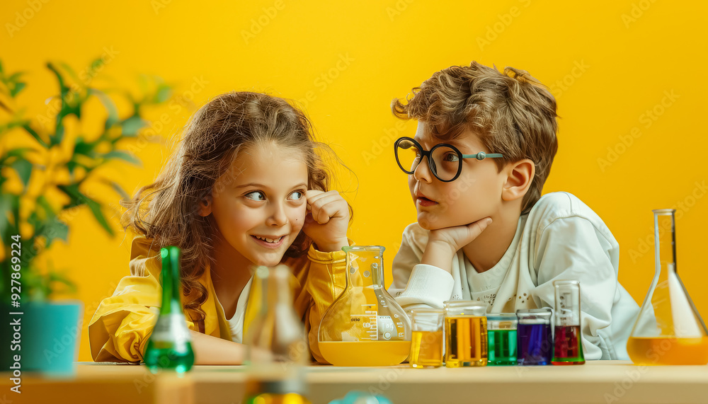 Poster two children are sitting at a table with various colored liquids in beakers. they are smiling and se