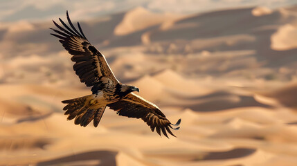 Obraz premium Majestic Eagle Soaring Through the Desert Sands at Sunrise.
