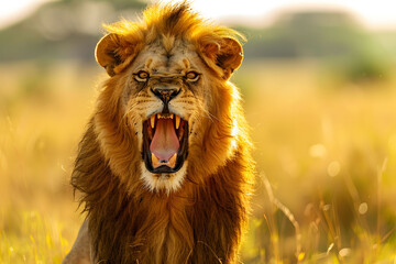 Majestic Lion Roaring in Golden Grassland During Sunset.