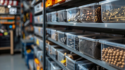Organized storage containers with hardware on workshop shelves
