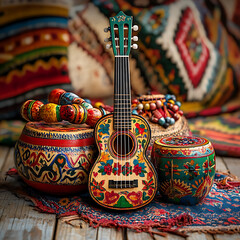 A still life arrangement of traditional Hispanic musical instruments.