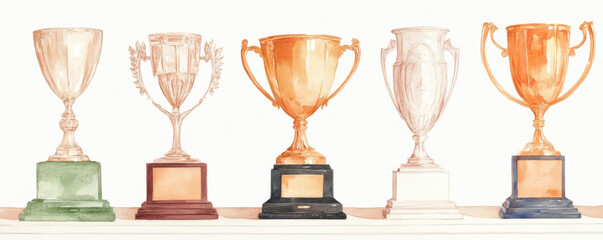 A collection of award trophies showcasing different designs, perfect for achievements and recognition themes. watercolor style.