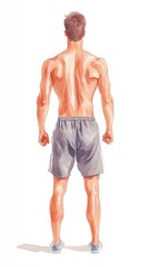 Fototapeta premium A muscular man stands confidently, showcasing a fit physique from the back in a pair of shorts, emphasizing strength and health. watercolor style.