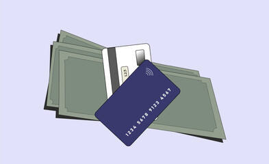 Obraz premium An illustration of banknotes and cards. Cash vs credit cards. Finance and money illustration. Payment means. Colored money transfer illustration.