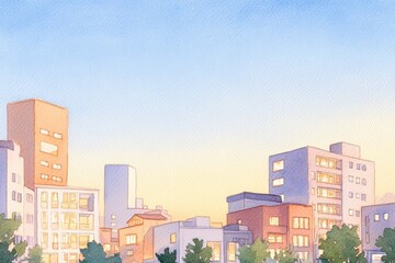 Fototapeta premium A serene cityscape at dusk, featuring modern buildings and a colorful sky, perfect for urban-themed designs and projects. watercolor style.