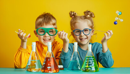 Two children are sitting at a table with various colored liquids in beakers. They are smiling and seem to be enjoying themselves