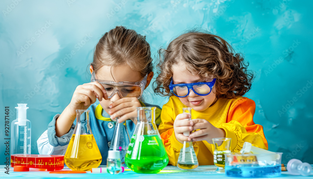Poster two children are sitting at a table with various colored liquids in beakers. they are smiling and se