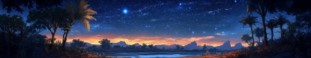 Naklejka premium anime-style Starry Night Over an Enchanted Oasis: A Magical Desert Haven for Tales of Survival and Adventure in a Fantasy Landscape,Anime-Style,illustration,Picture BooksFor Poster,Novel,UI,WEB,Game,D