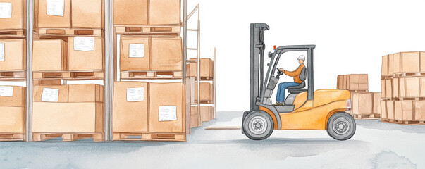 A worker operates a forklift to move boxes in a warehouse, showcasing efficient logistics and organized storage management. watercolor style.