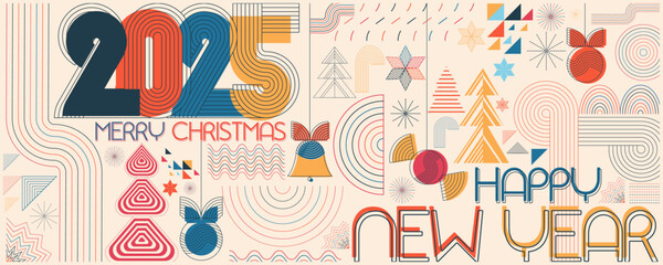 2025 number happy New Year Merry Christmas banner, web, invite posters template Layout, greeting card simple flat organic line, contemporary mid century design	
