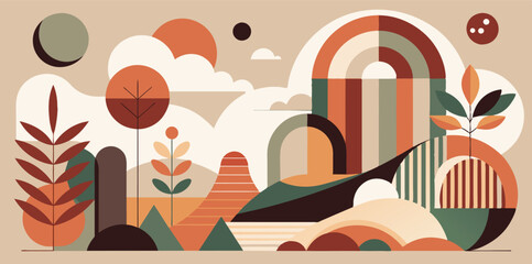 A landscape with trees, mountains, clouds, and a rainbow